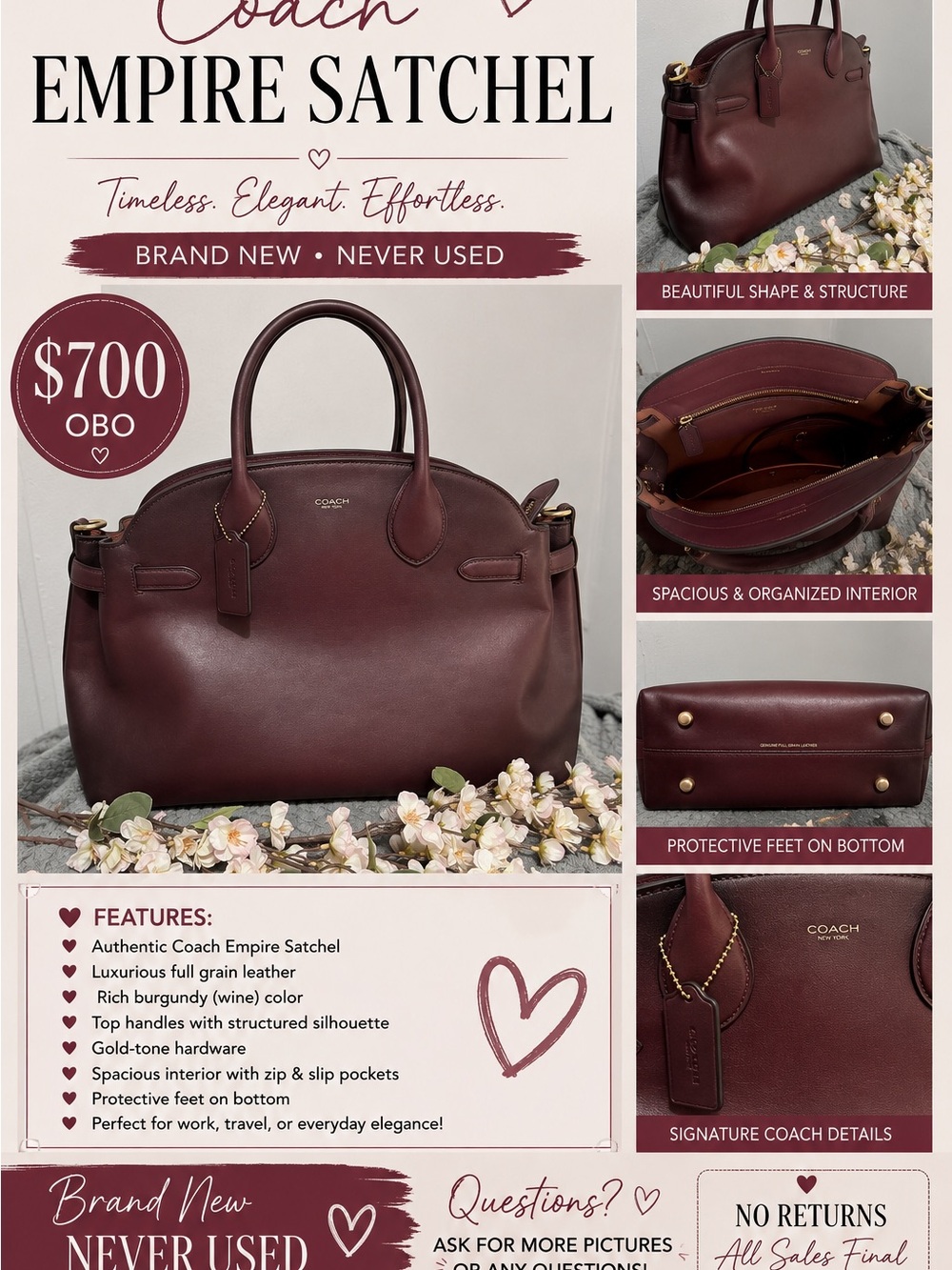 Coach Burgundy Leather Satchel with Gold Hardware